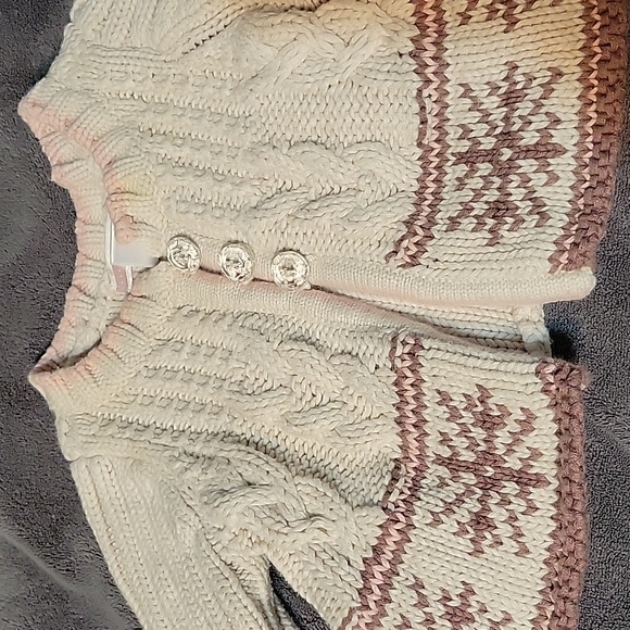 Old Navy Cream Cable Knit Sweater with Brown and Pink Snowflakes - Picture 2 of 6
